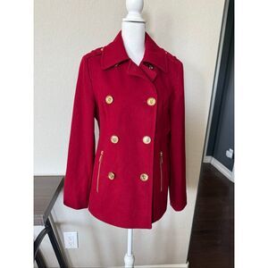 Michael Kors Double Breasted Wool Blend Burgundy Gold Pea Coat size 10